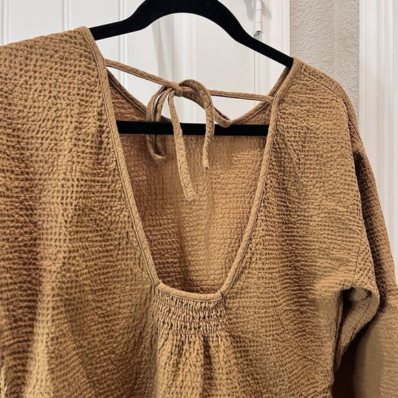 Madewell Shirt Tan Lightspun Peplum Open Tie Back Top Women Size S Oversize Boxy - Picture 9 of 11